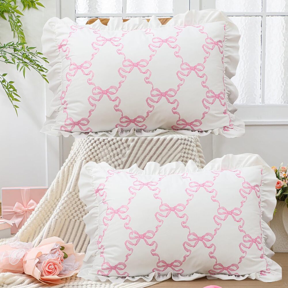 1594 20 x 30'' Bow Pillow Covers Set of 2 Pink Ruffle Pillow Cases Coquette